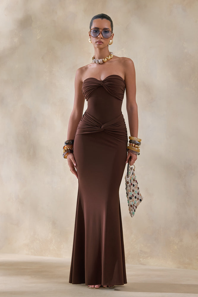 Elodia Brown Bandeau Maxi Dress With Gathered-Detailing – Club L London