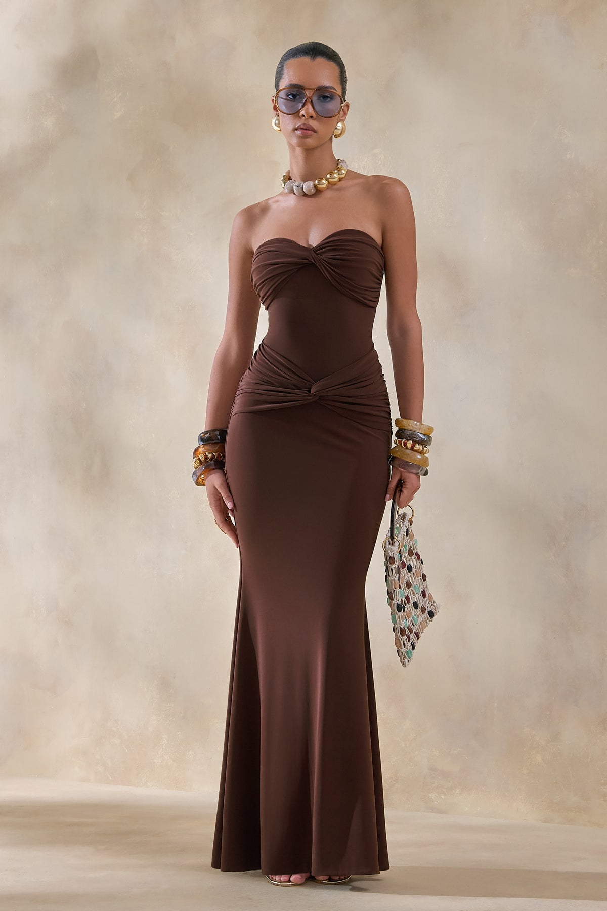 Elodia | Brown Bandeau Maxi Dress With Gathered-Detailing US 6 / Brown Elodia | Brown Bandeau Maxi Dress With Gathered-Detailing US 6 / Brown
