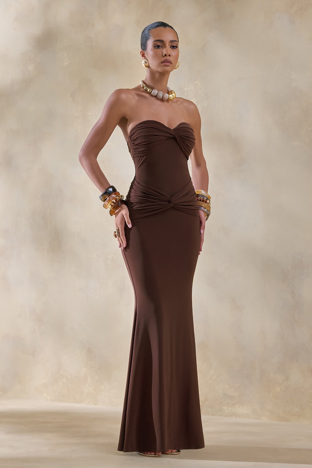 Elodia | Brown Bandeau Maxi Dress With Gathered-Detailing US 6 / Brown Elodia | Brown Bandeau Maxi Dress With Gathered-Detailing US 6 / Brown
