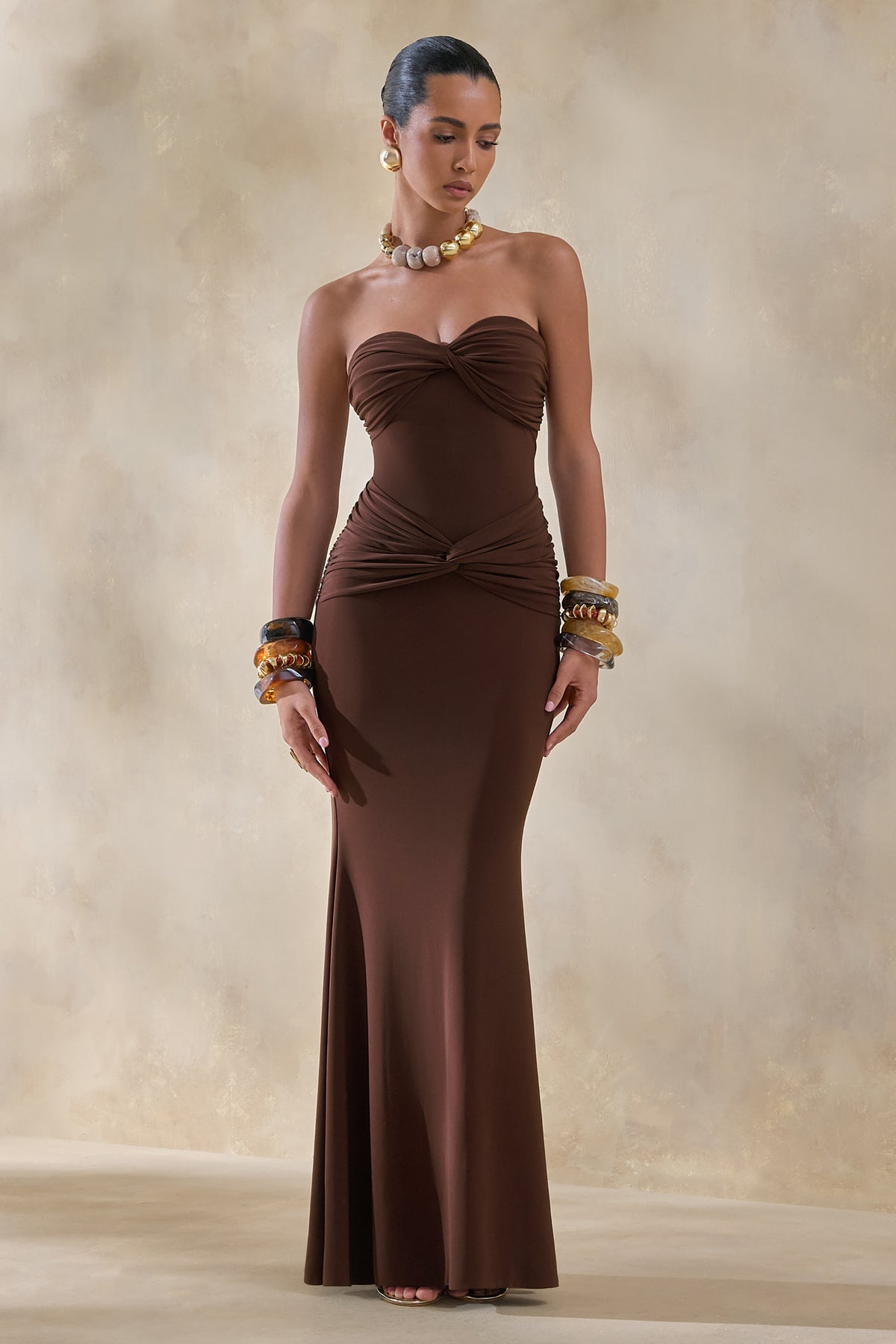 Elodia | Brown Bandeau Maxi Dress With Gathered-Detailing US 6 / Brown Elodia | Brown Bandeau Maxi Dress With Gathered-Detailing US 6 / Brown