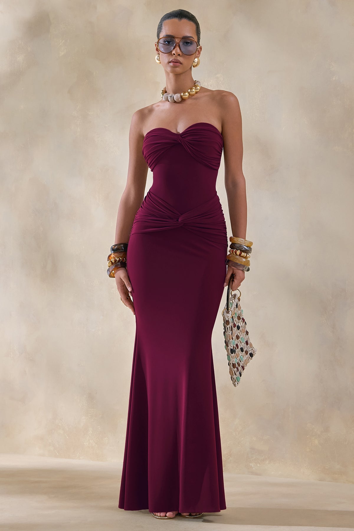 Elodia Burgundy Bandeau Maxi Dress With Gathered-Detailing Club L London - USA Elodia Burgundy Bandeau Maxi Dress With Gathered-Detailing Club L London - USA
