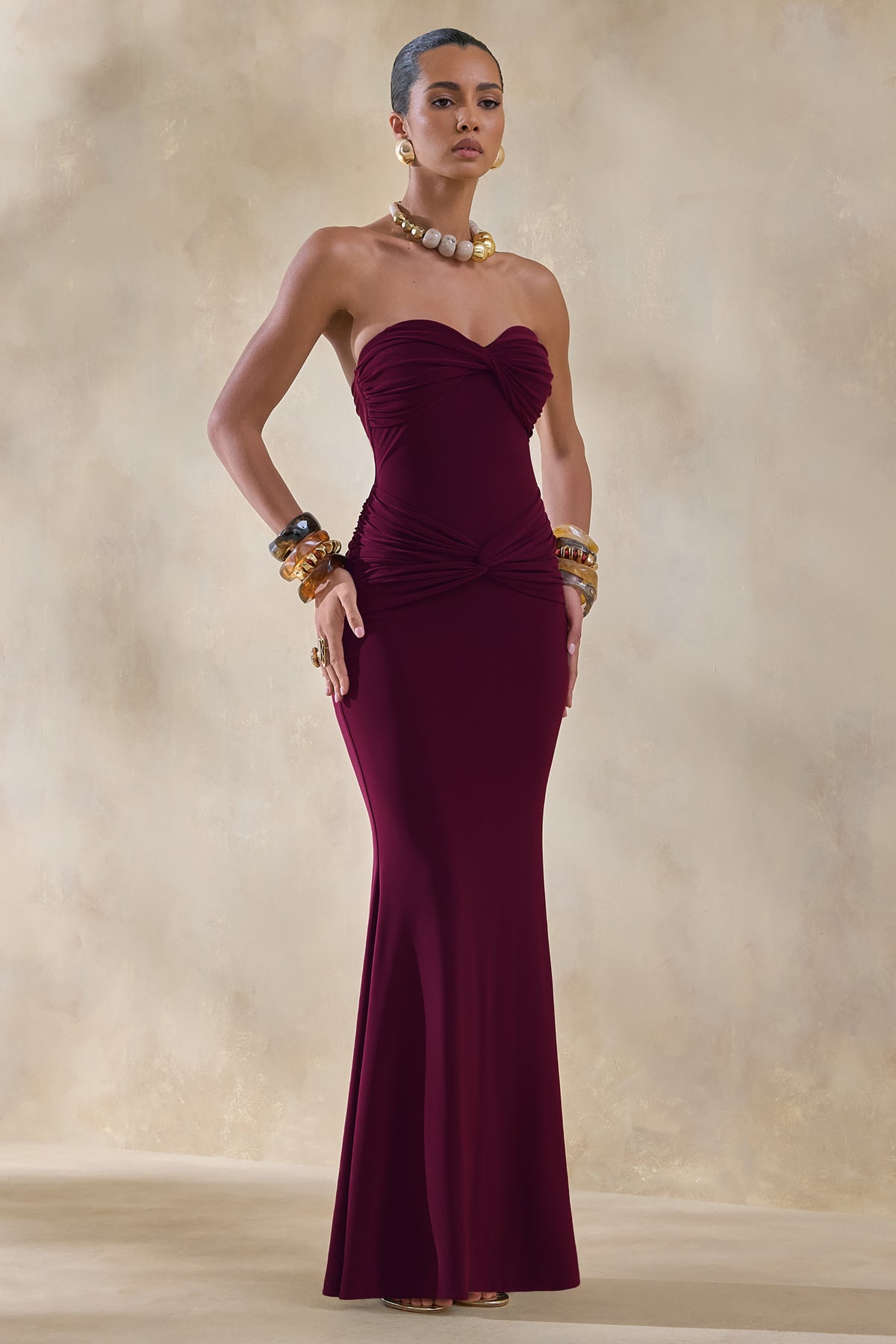 Elodia Burgundy Bandeau Maxi Dress With Gathered-Detailing Club L London - USA Elodia Burgundy Bandeau Maxi Dress With Gathered-Detailing Club L London - USA