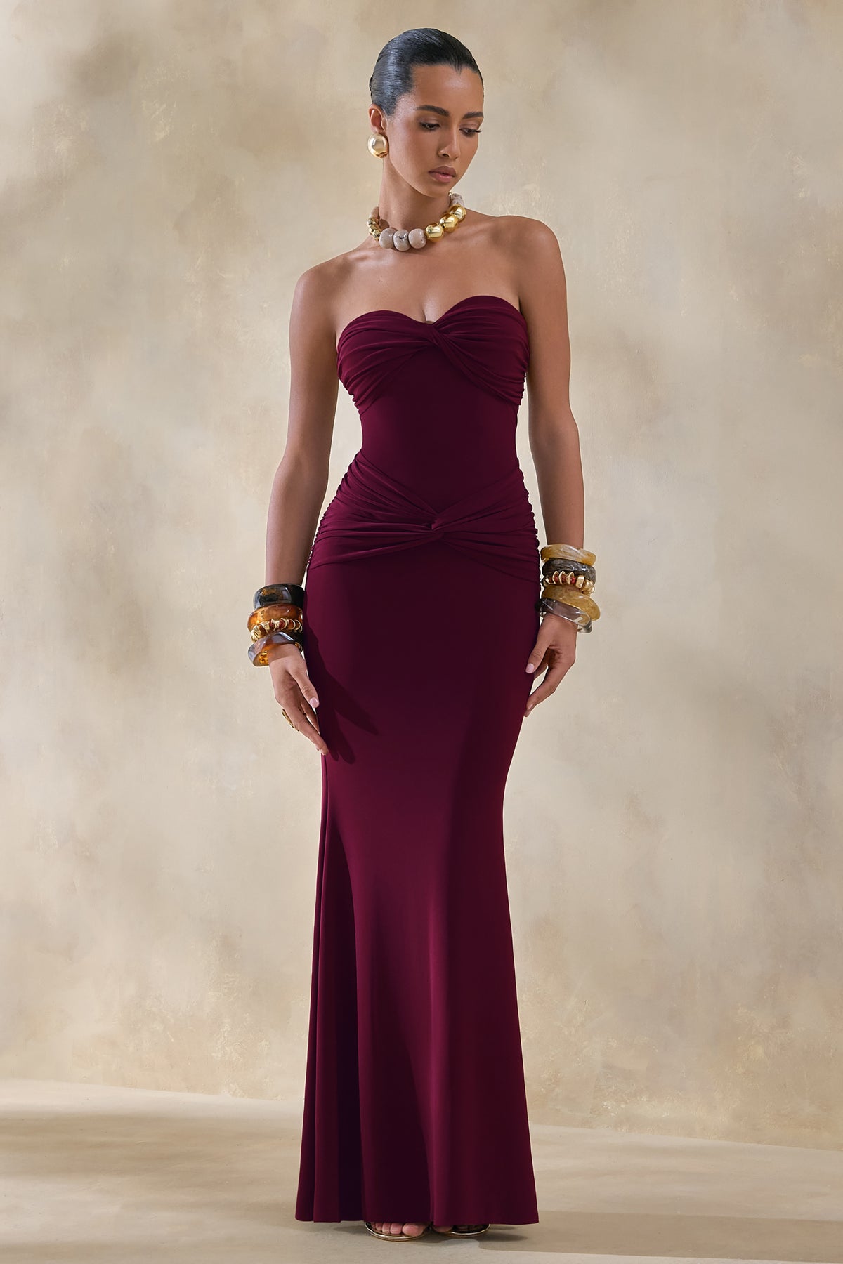 Elodia Burgundy Bandeau Maxi Dress With Gathered-Detailing – Club L