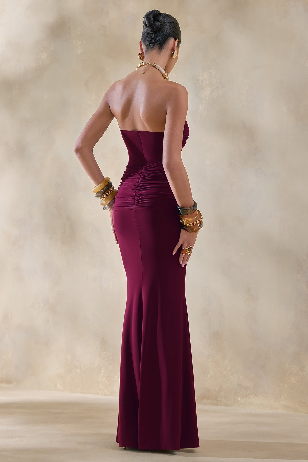 Elodia Burgundy Bandeau Maxi Dress With Gathered-Detailing Club L London - USA Elodia Burgundy Bandeau Maxi Dress With Gathered-Detailing Club L London - USA