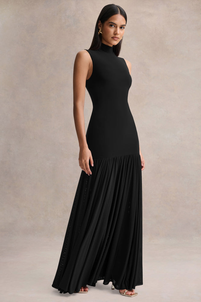 drop waist black dress Gigi | Black High-Neck Maxi Dress With Drop-Waist And Sheer Skirt