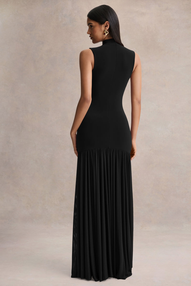 Gigi | Black High-Neck Maxi Dress With Drop-Waist And Sheer Skirt - UK 8 Black Gigi | Black High-Neck Maxi Dress With Drop-Waist And Sheer Skirt - UK 8 Black