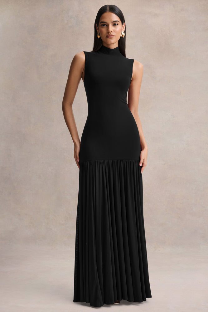 Gigi Black High-Neck Maxi Dress With Drop-Waist And Sheer Skirt  Club L  London - USA