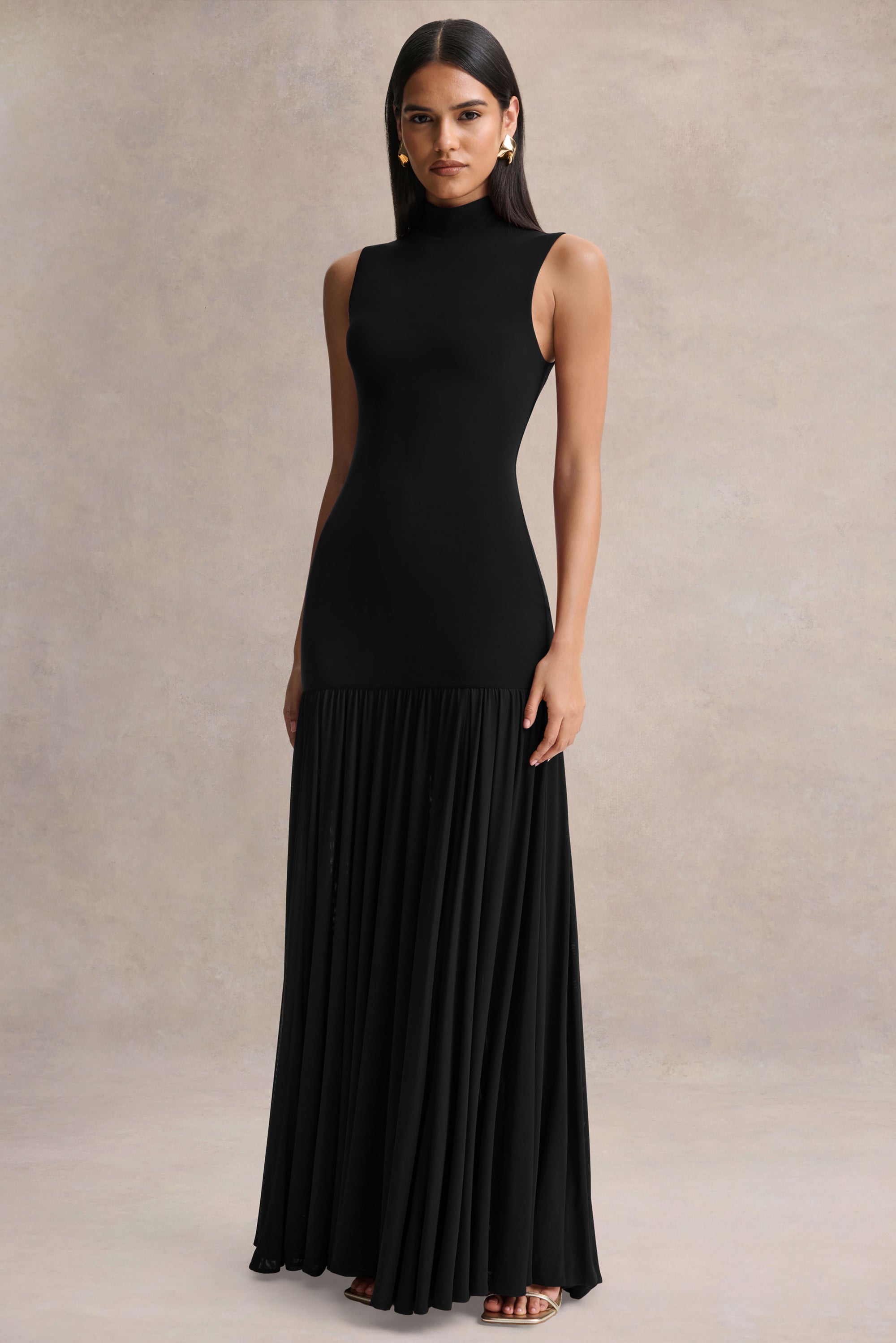 high waisted black dress Black Sheer High-Neck Bubble Dress