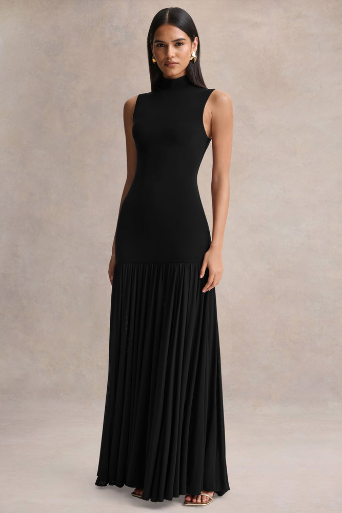 Gigi | Black High-Neck Maxi Dress With Drop-Waist And Sheer Skirt - UK 8 Black Gigi | Black High-Neck Maxi Dress With Drop-Waist And Sheer Skirt - UK 8 Black