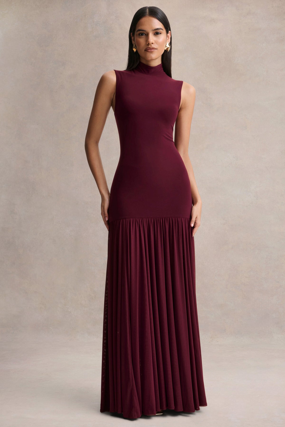 Gigi Burgundy High-Neck Maxi Dress With Drop-Waist And Sheer Skirt Club L London - USA Gigi Burgundy High-Neck Maxi Dress With Drop-Waist And Sheer Skirt Club L London - USA