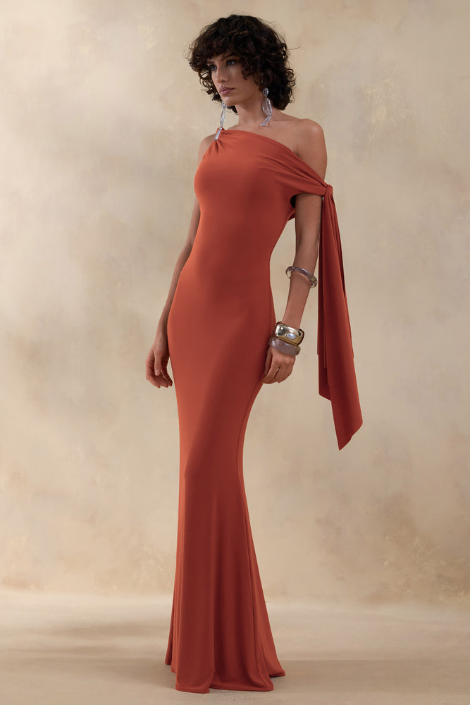 rust maxi dress Vista | RUST Asymmetric-Neck Maxi Dress With Knot-Sleeve Detail
