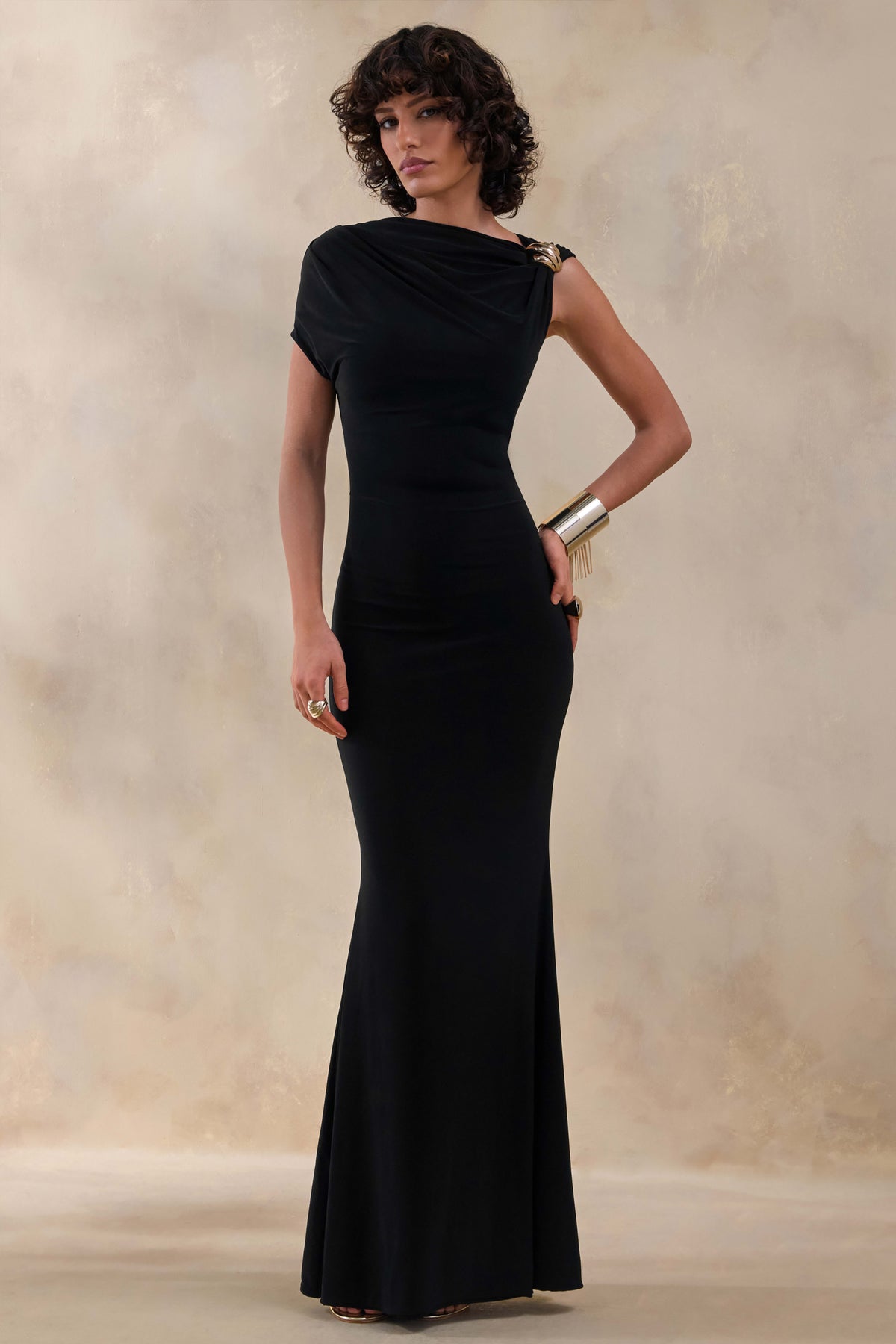 Blaire Black Asymmetric-Neck Maxi Dress With Gold-Detailing Club L London - USA Blaire Black Asymmetric-Neck Maxi Dress With Gold-Detailing Club L London - USA