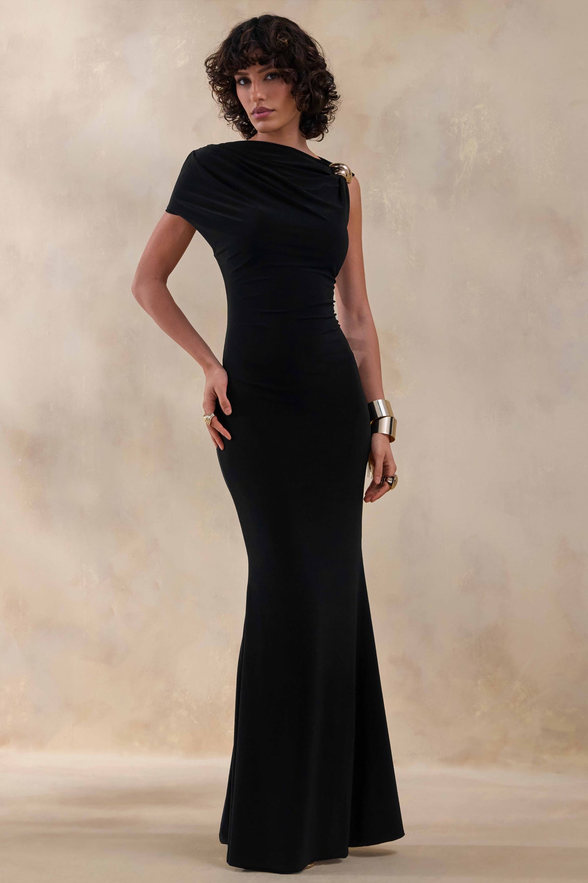 Blaire Black Asymmetric-Neck Maxi Dress With Gold-Detailing Club L London - USA Blaire Black Asymmetric-Neck Maxi Dress With Gold-Detailing Club L London - USA
