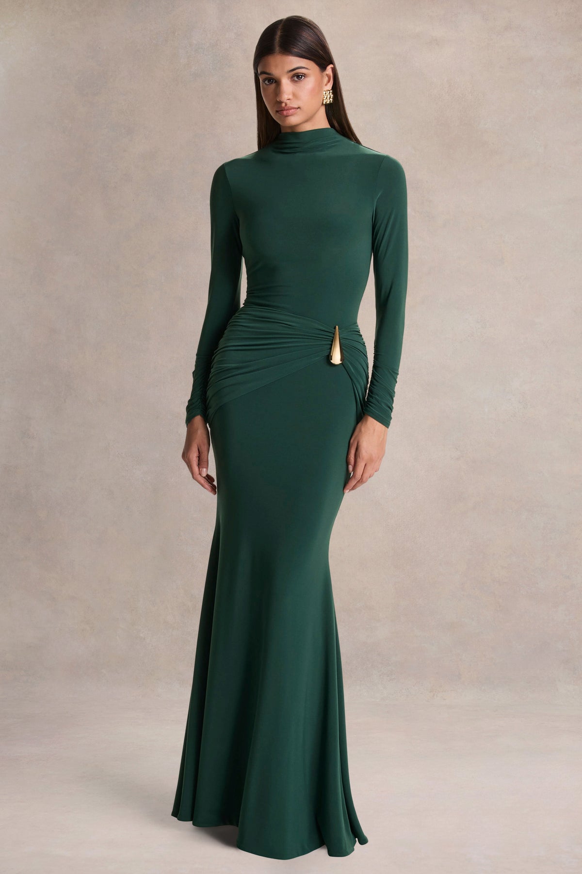 Solarium Dark Green Long-Sleeve Maxi Dress With Gold Detail Club L London - USA Solarium Dark Green Long-Sleeve Maxi Dress With Gold Detail Club L London - USA