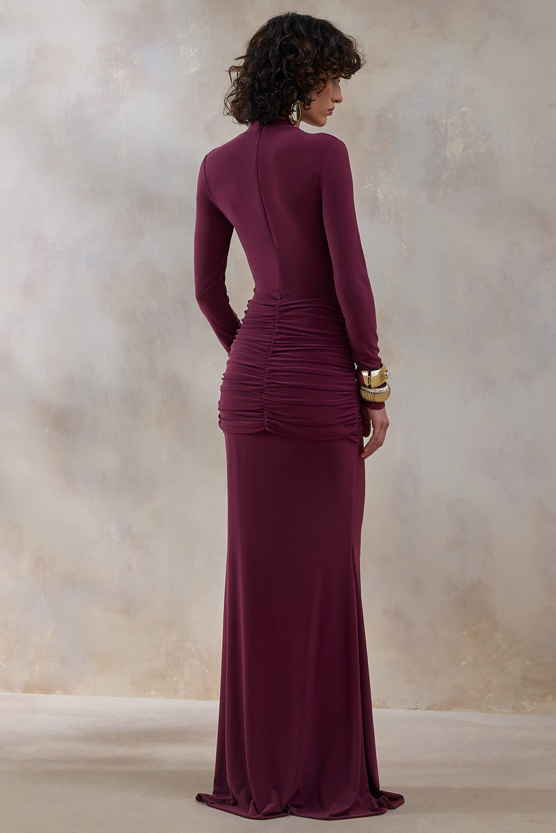 Solarium Burgundy Long-Sleeve Maxi Dress With Gold Detail – Club L