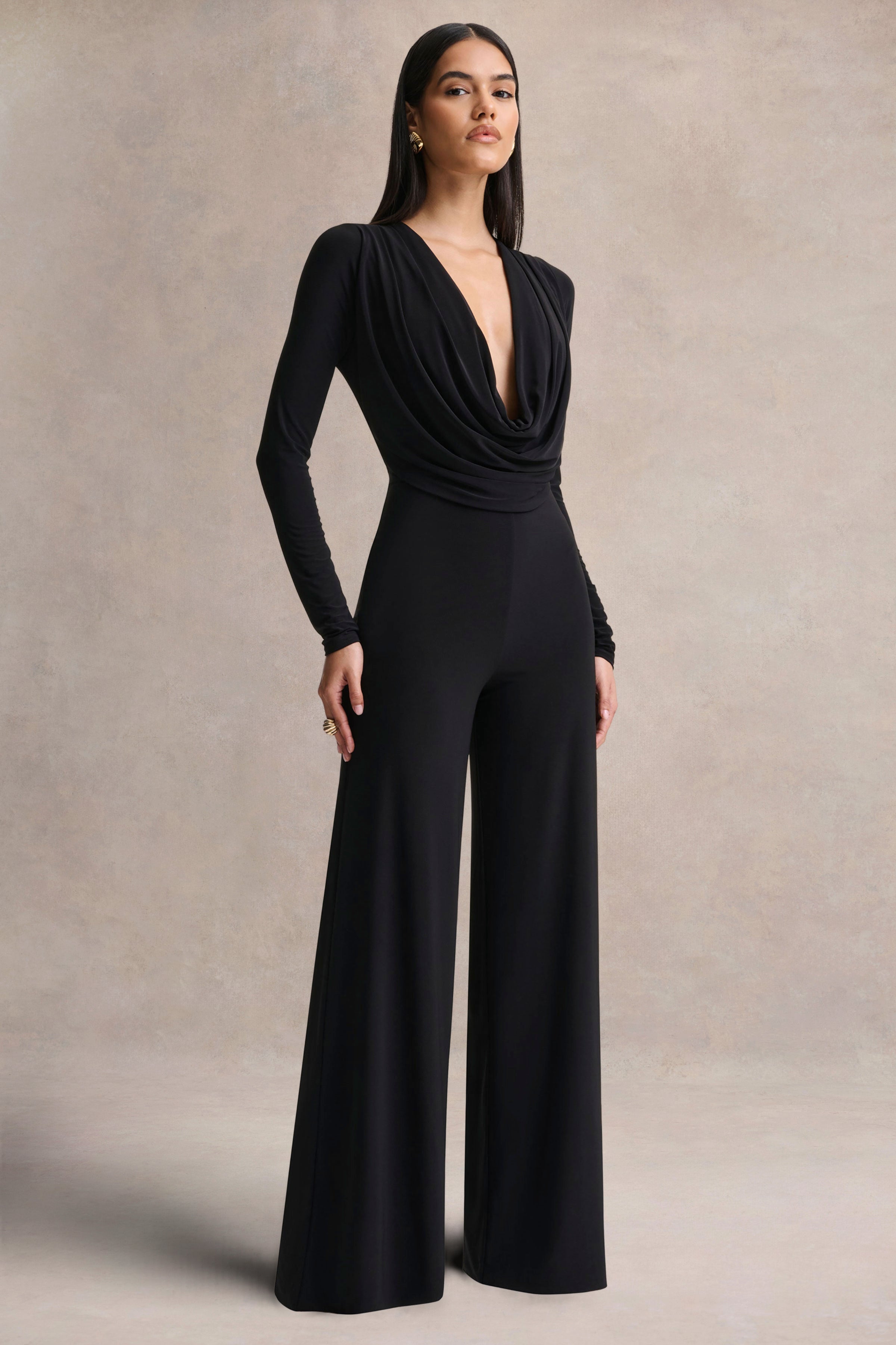 Catriona | Black Plunge-Neck Jumpsuit – Club L London - USA