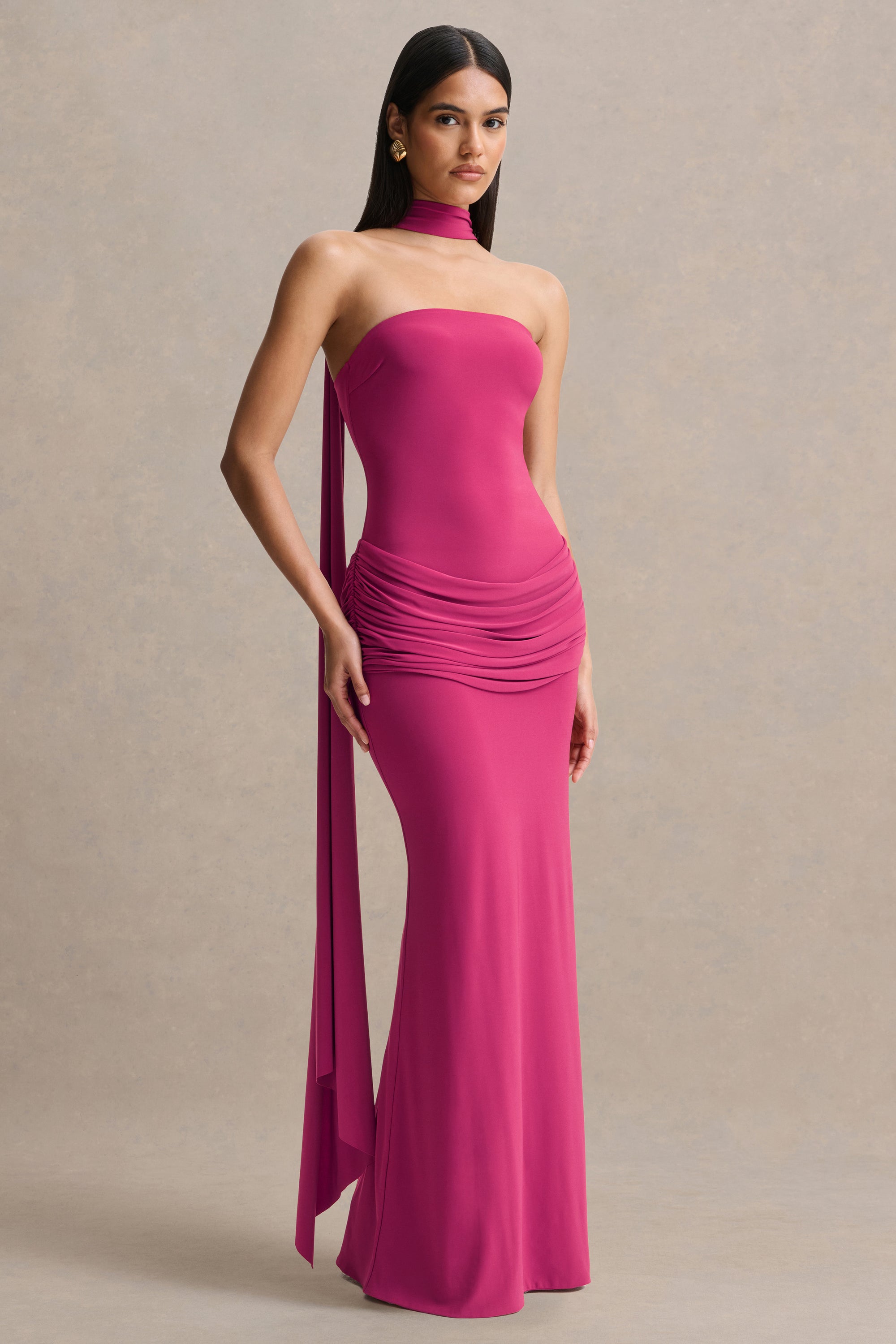 hot pink drape dress Hot Pink Draped One Shoulder Gown L