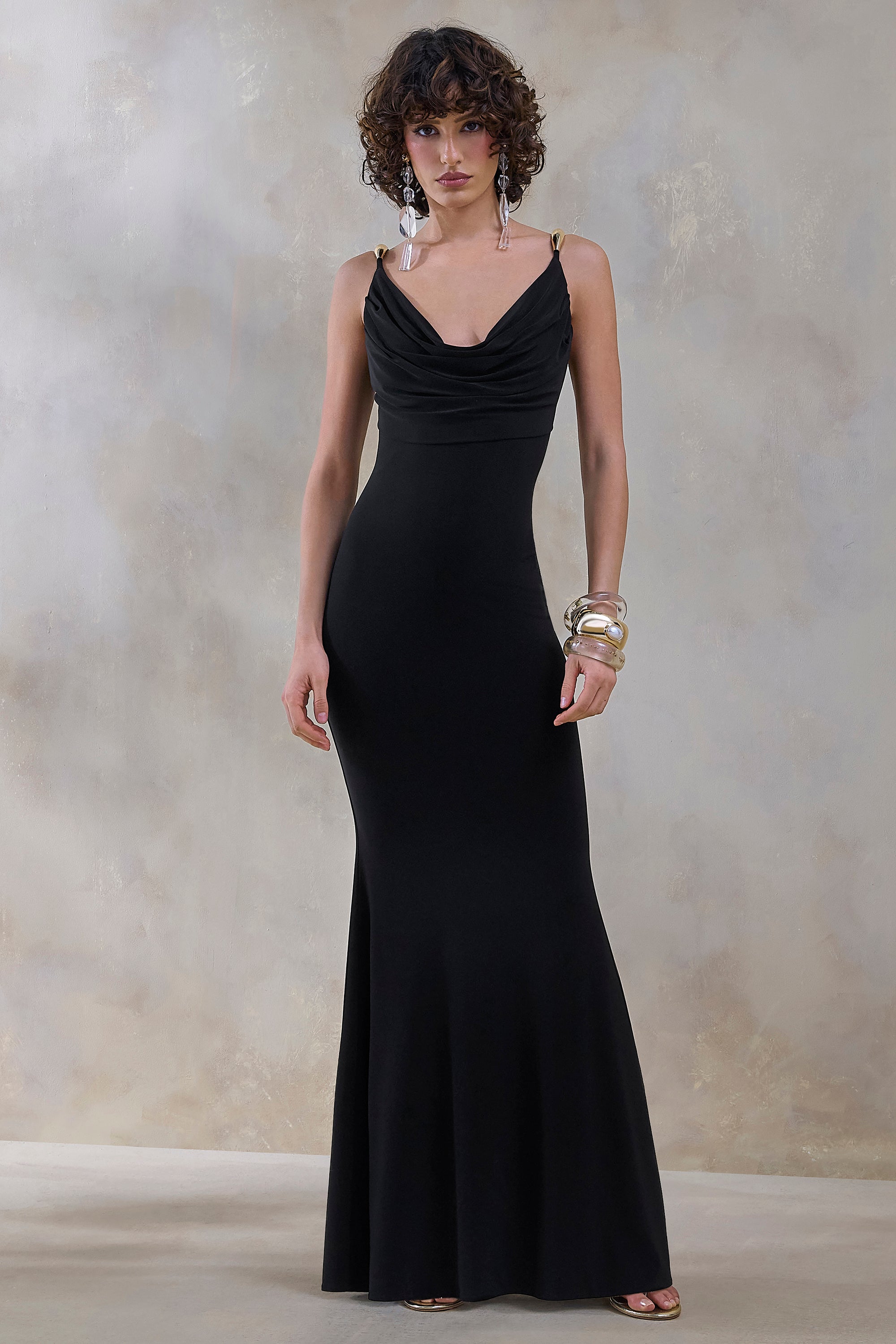 club london dresses black Floria | Black Draped One-Sleeve Maxi Dress