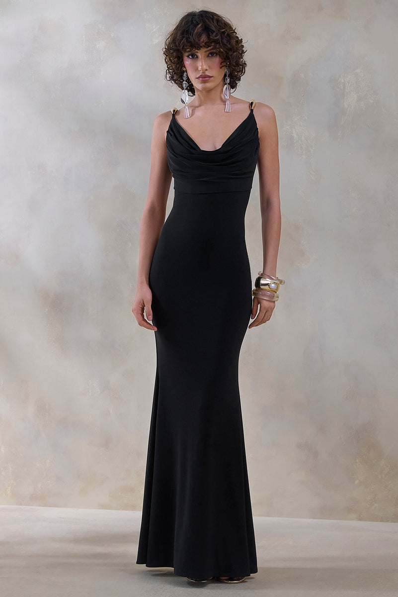 Iridessa Black Plunge-Neck Maxi Dress – Club L London