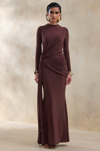 carisia maxi dress Kyrissa | Brown High-Neck With Gathered-Detailing Length:Floor 41 inches pleat Maxi Fancy Gown Designs and mermaid hi lo