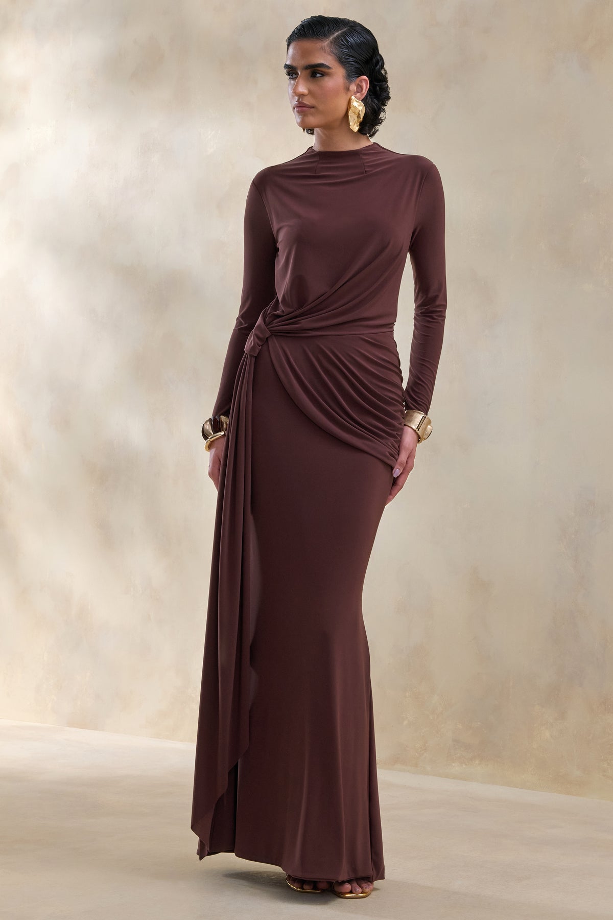 long brown formal dresses Kyrissa | Brown High-Neck Maxi Dress With Gathered-Detailing