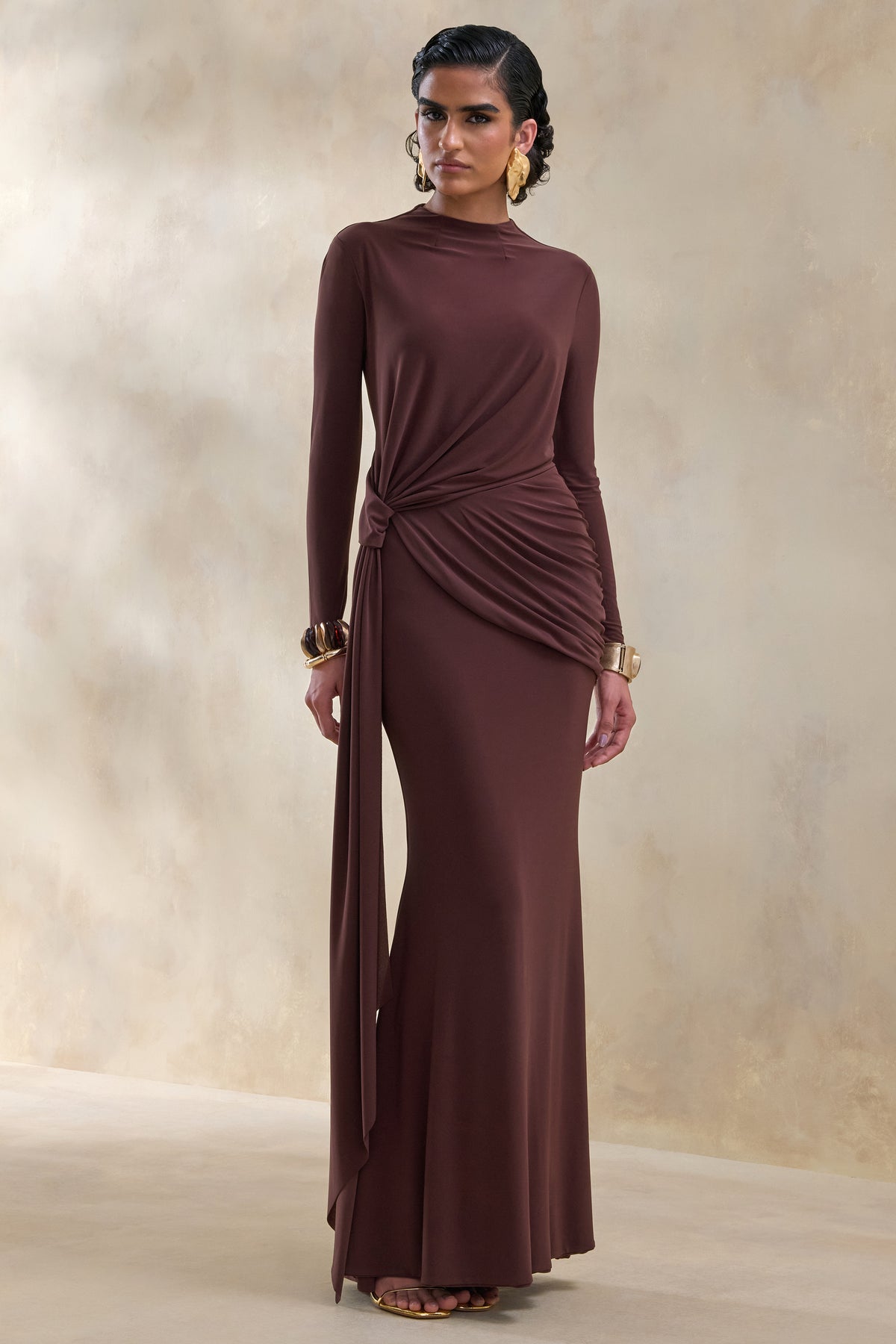 long brown formal dresses Kyrissa | Brown High-Neck Maxi Dress With Gathered-Detailing