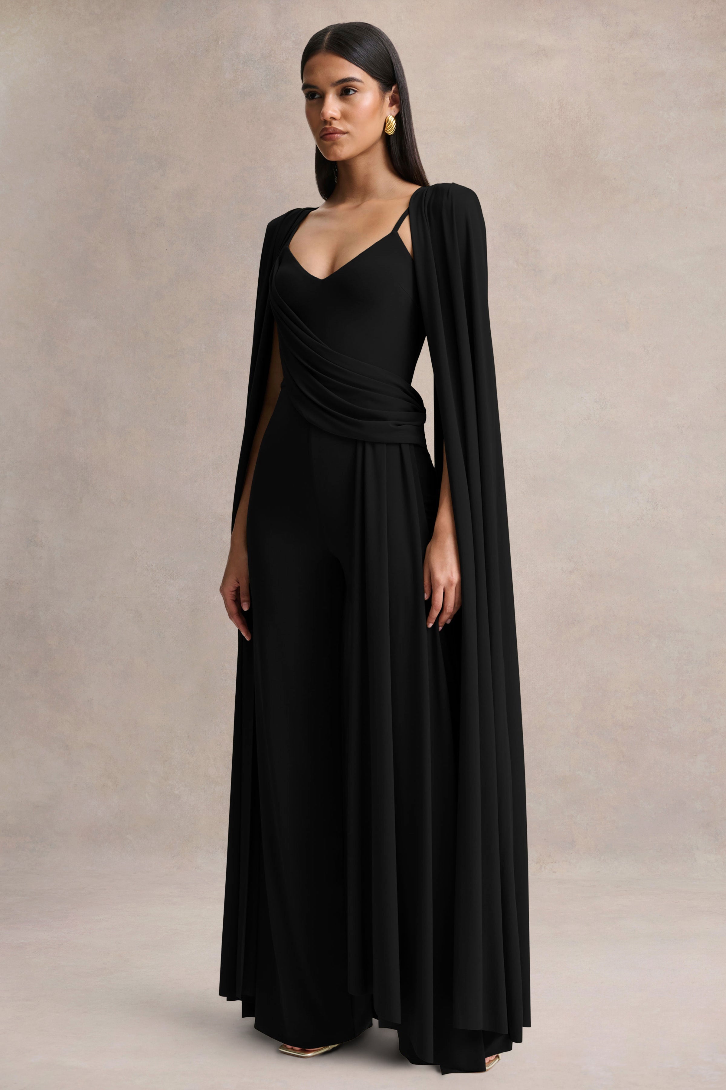 Labina | Black Plunge-Neck Jumpsuit With Cape-Sleeves – Club L