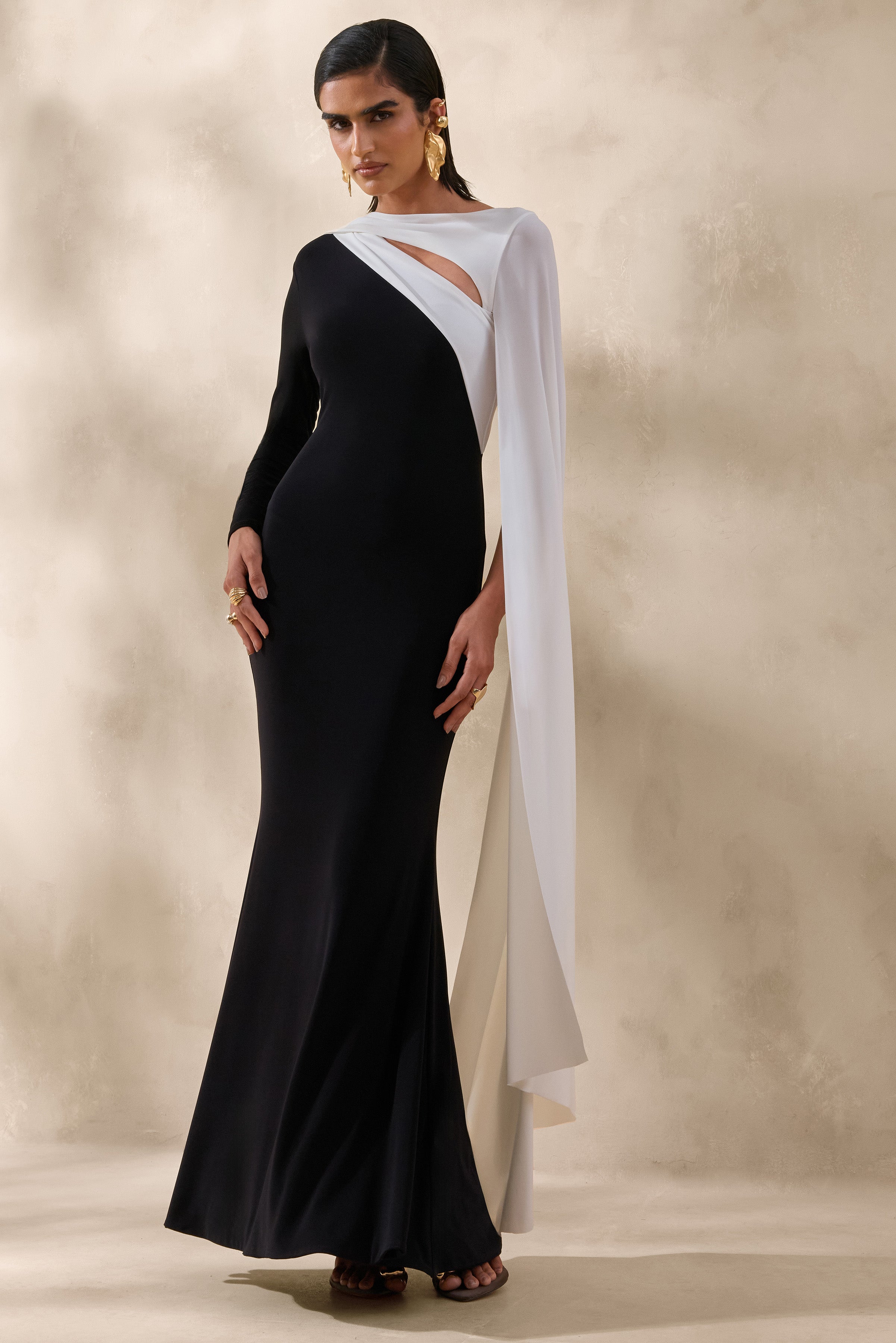 Dabria | Black And White Asymmetric-Neck Maxi Dress With Cape
