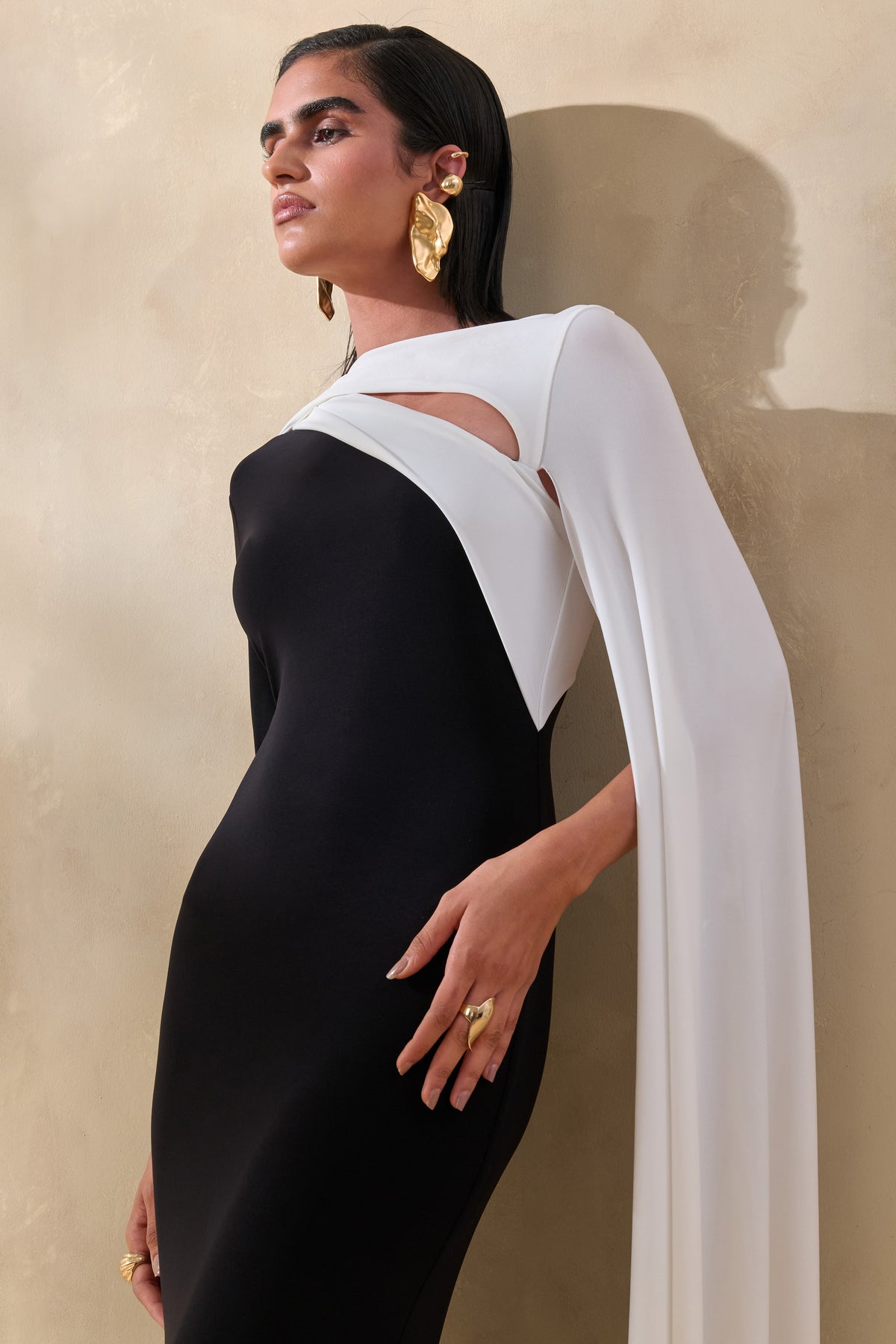 Dabria Black And White Asymmetric-Neck Maxi Dress With Cape-Sleeve