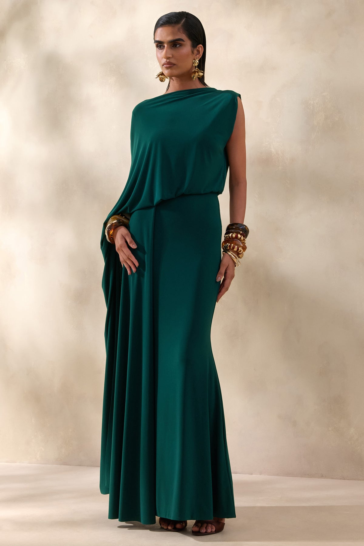 Carenza Dark Green Wide-Neck Maxi Dress With Cape-Sleeve Club L London - USA Carenza Dark Green Wide-Neck Maxi Dress With Cape-Sleeve Club L London - USA
