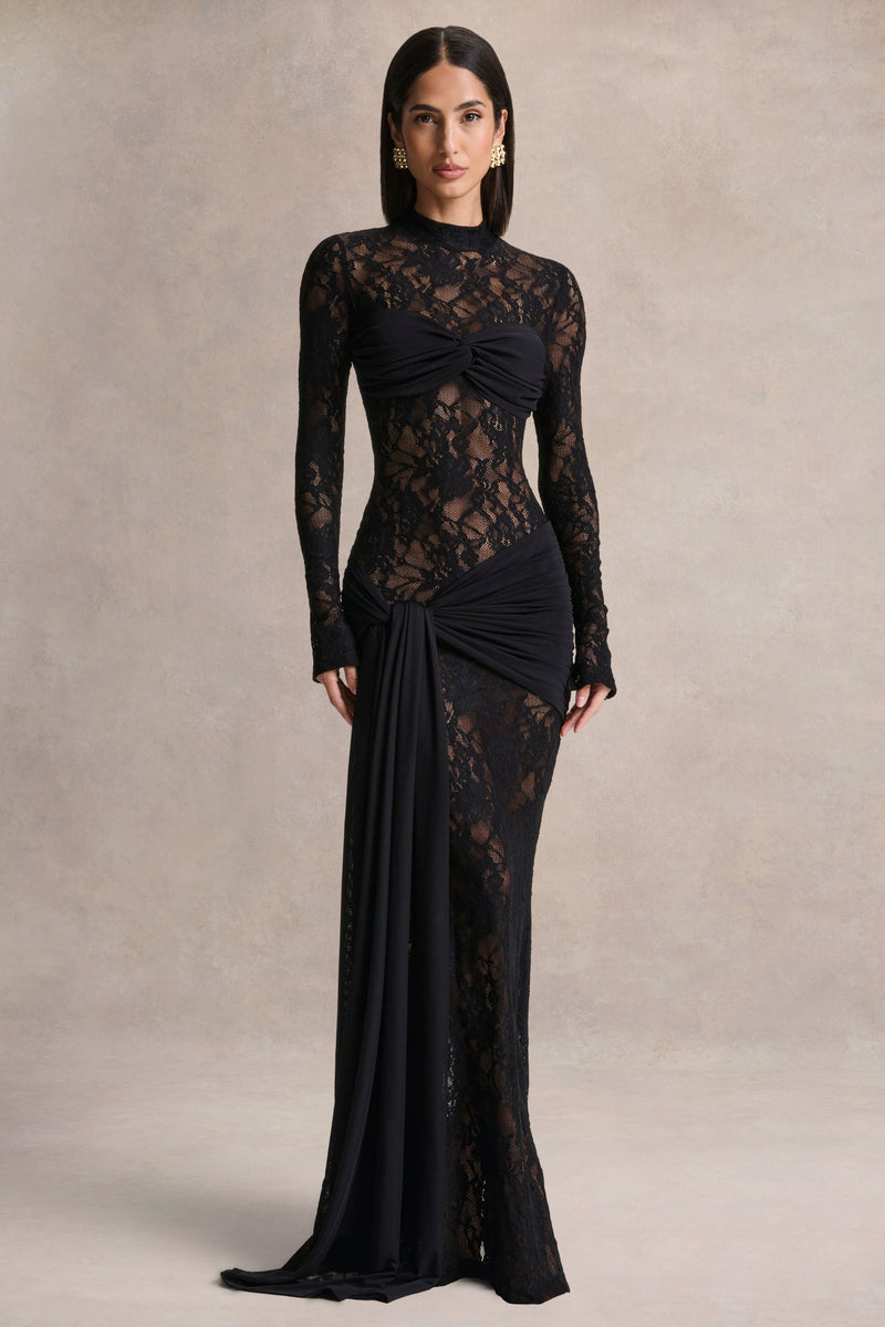 Deema | Black Jersey And Mesh High Neck Maxi Dress – Club L London
