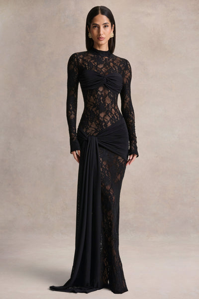chinese dress ladies Miss Circle Talia Black Satin Lace Corset Maxi Dress S