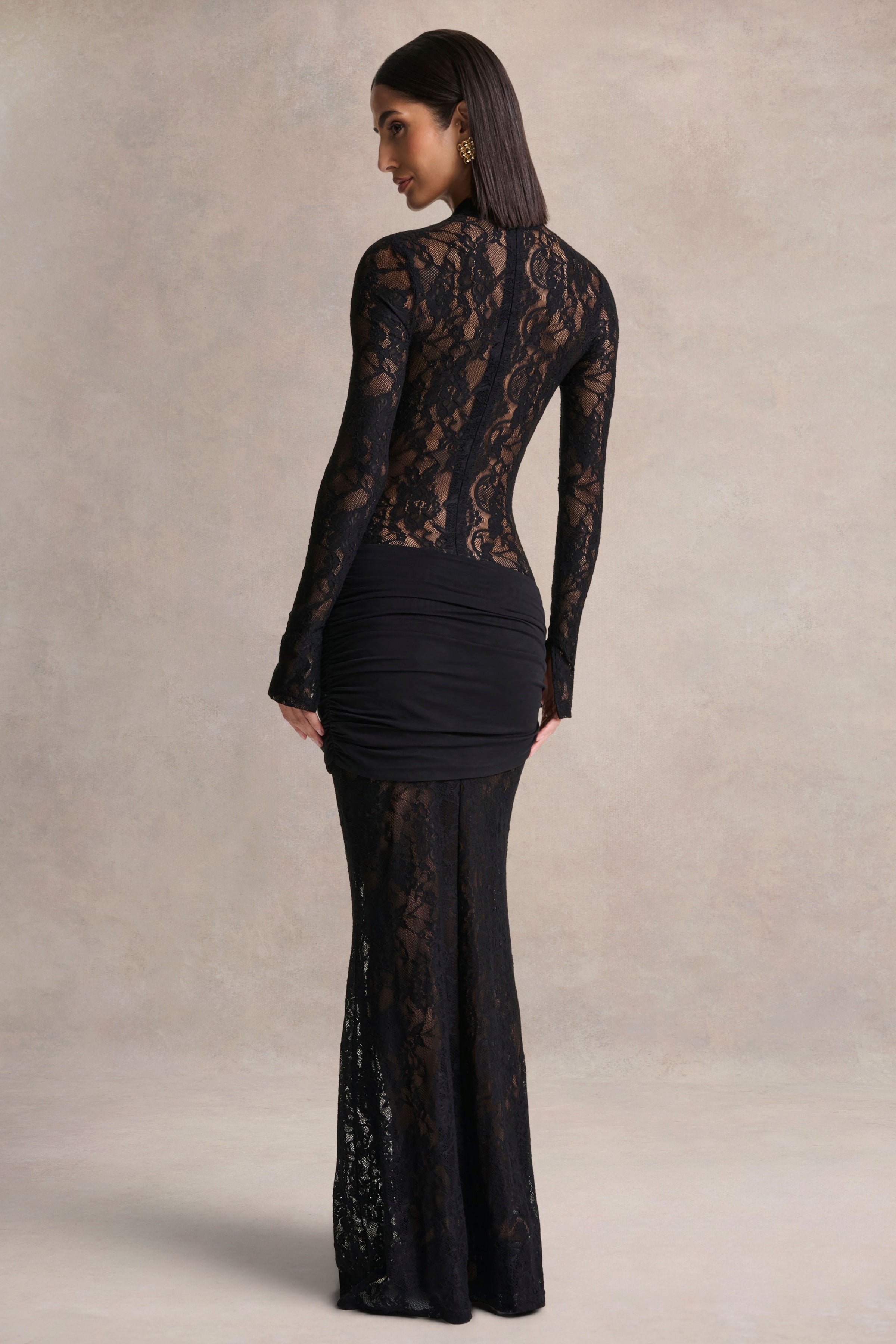 Akira | Black Sheer Lace Maxi Dress With Sash-Detail – Club L