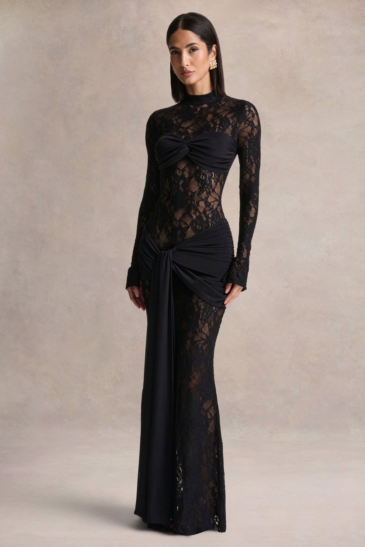 Akira | Black Lace Maxi Dress With Sash-Detail - UK 8 Black Akira | Black Lace Maxi Dress With Sash-Detail - UK 8 Black