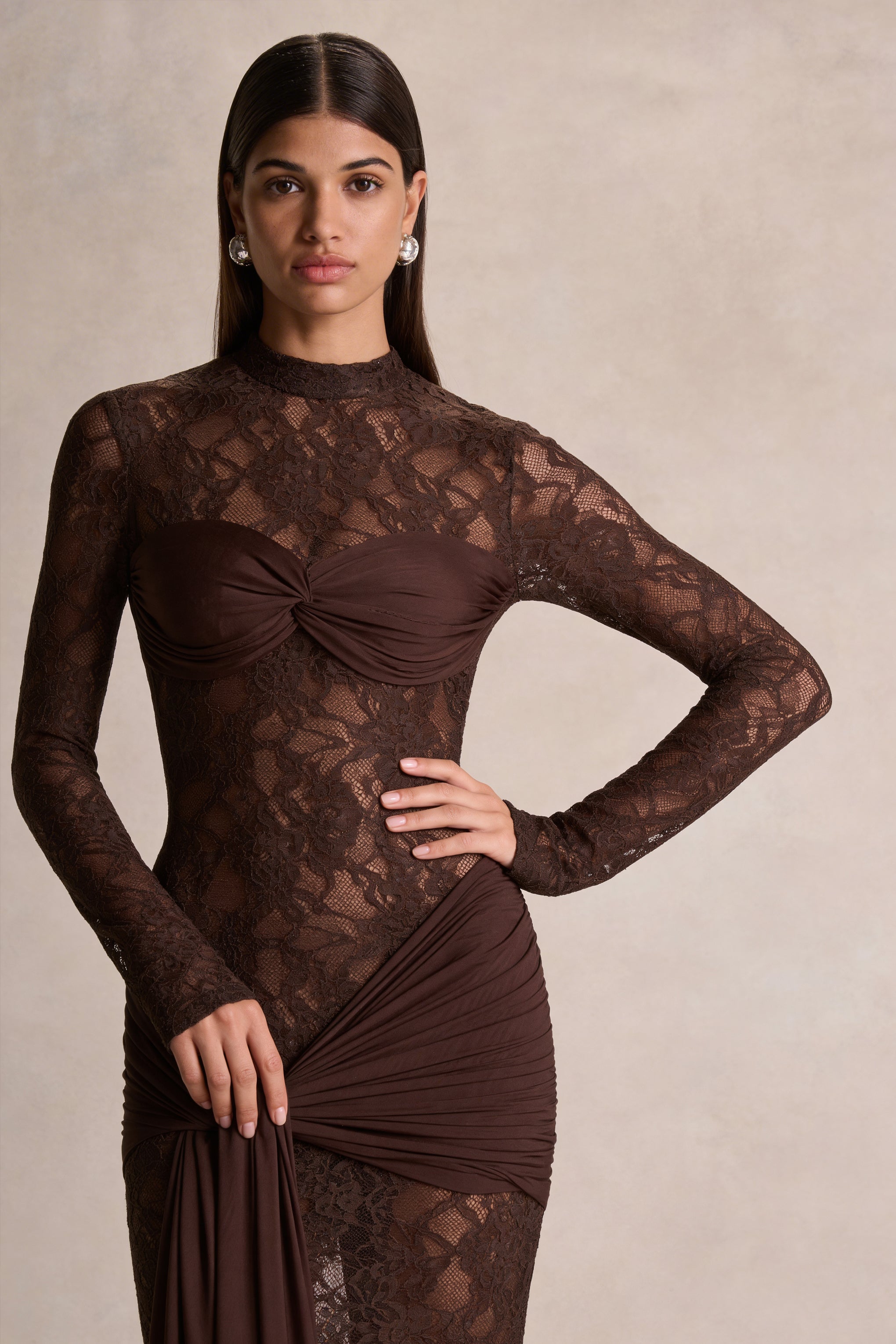 Akira | Brown Sheer Lace High Neck Long Sleeve Maxi Dress With