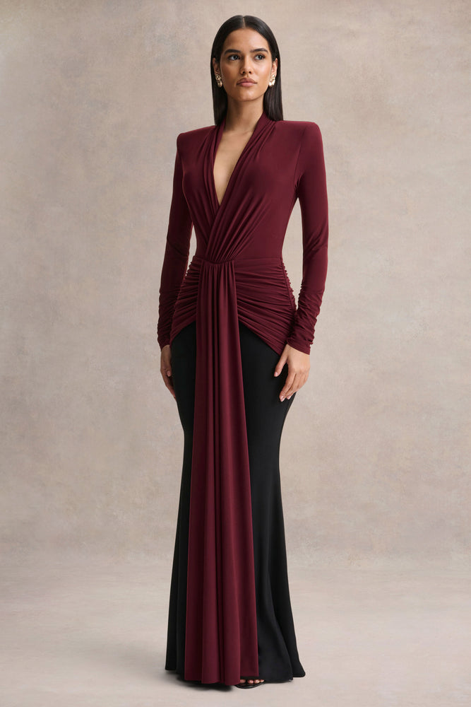 halston heritage red off shoulder dress Halston | Burgundy And Black Plunge-Neck Maxi Dress With Gathered-Detailing