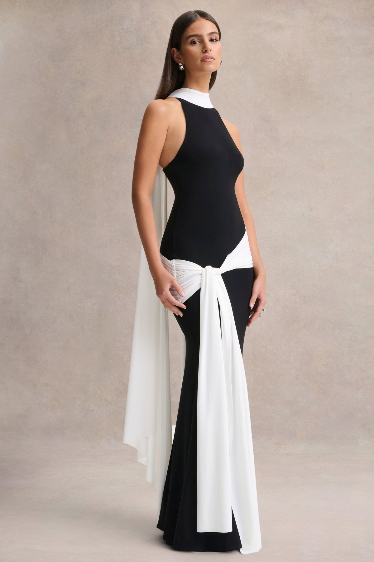black dress runway Asymmetric Scarf Satin Maxi Dress / Black – Style Cheat main image 1