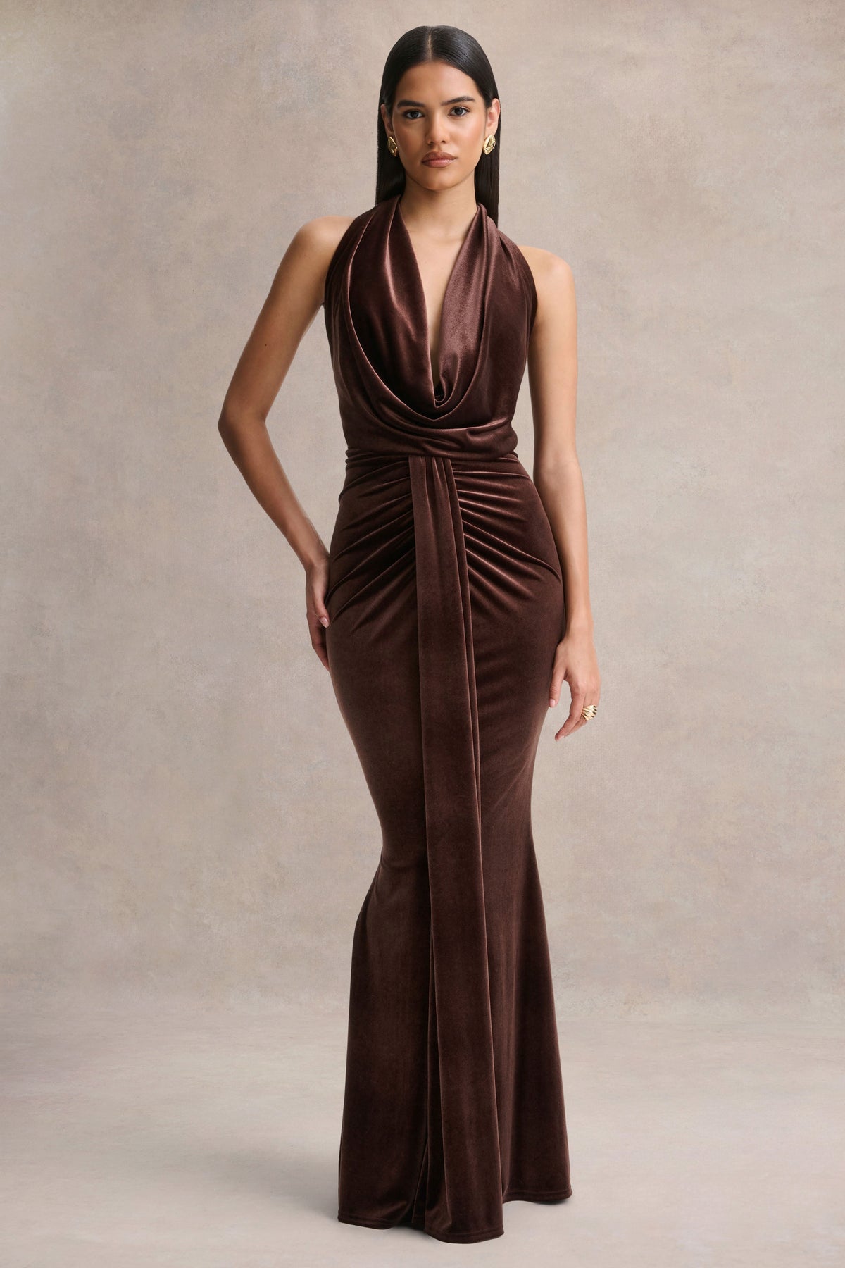 Lavernia Brown Velvet Halter-Neck Maxi Dress With Gathered-Detailing Club L London - USA Lavernia Brown Velvet Halter-Neck Maxi Dress With Gathered-Detailing Club L London - USA