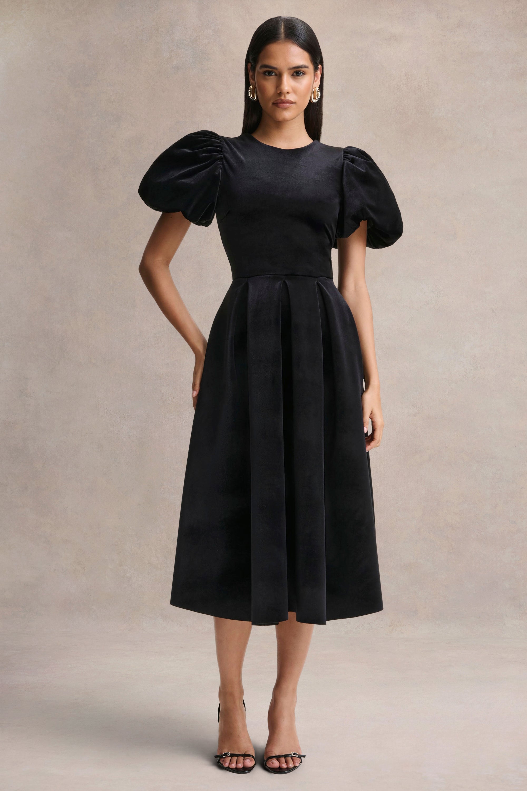 velvet puff sleeve midi dress US 2 / BLACK