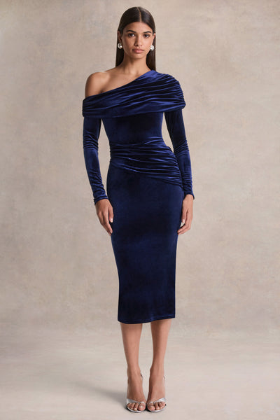 blue velvet dress midi Eirene | Asymmetric-Neck Dress to Impress: Mastering Blue midi dress Partially Invoice: 618 Size:L (Sizes 10-12)