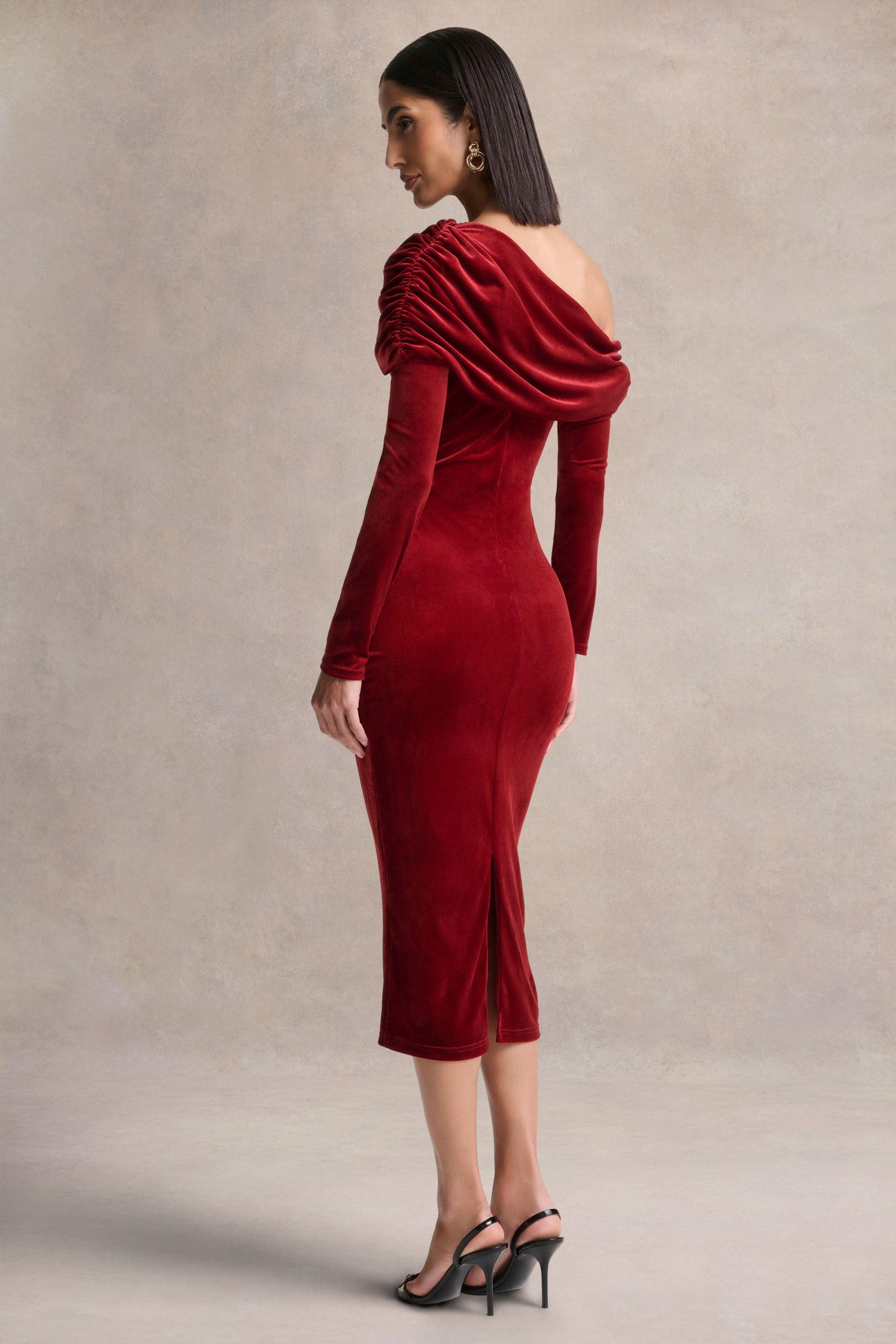 club l london red velvet dress Club L London Cecily | Red Velvet Bardot Maxi Dress with Satin Ruffle Trim