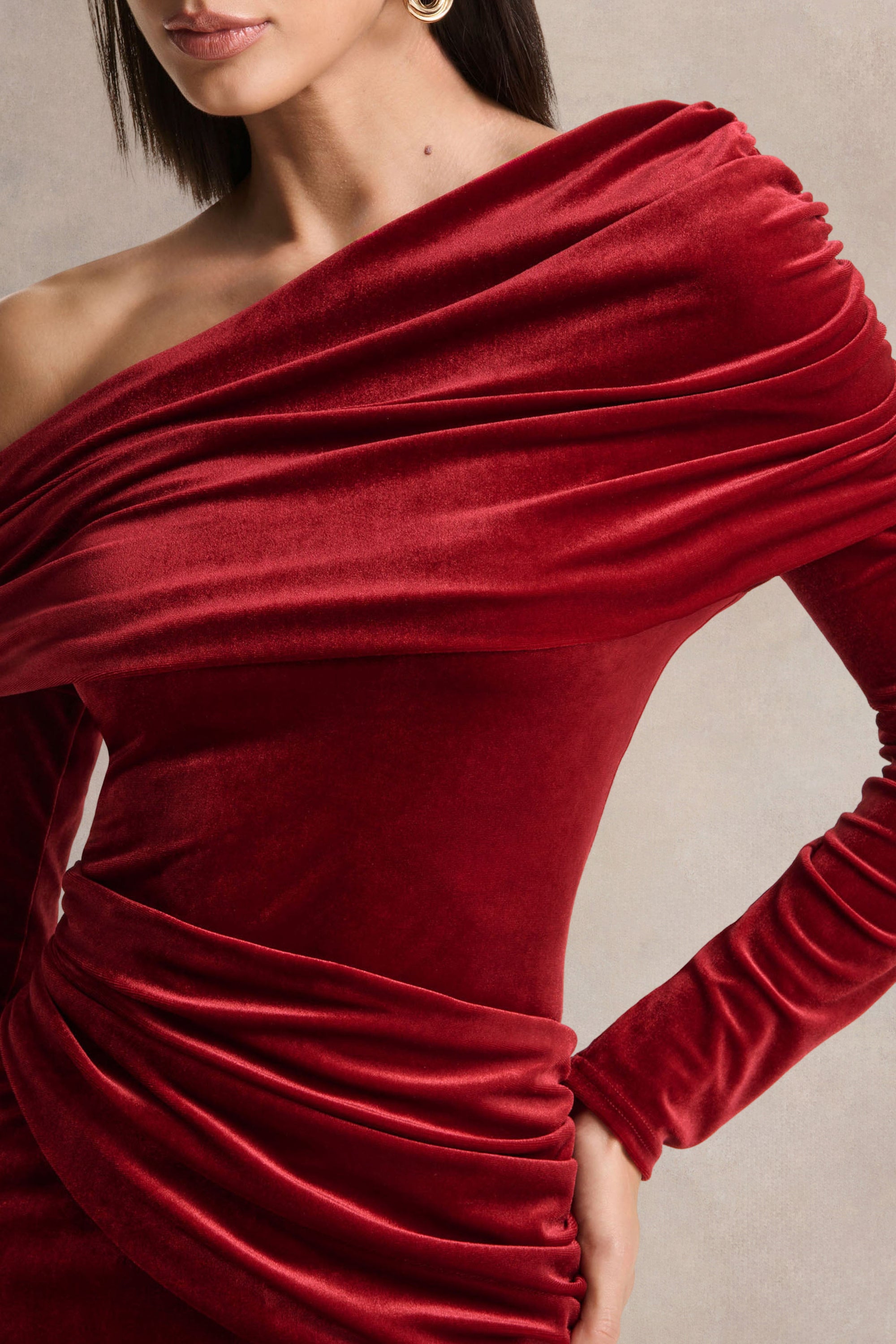 club l london red velvet dress High End | Burgundy Velvet Asymmetric-Neck Midi Dress With Draped Deta Club L London