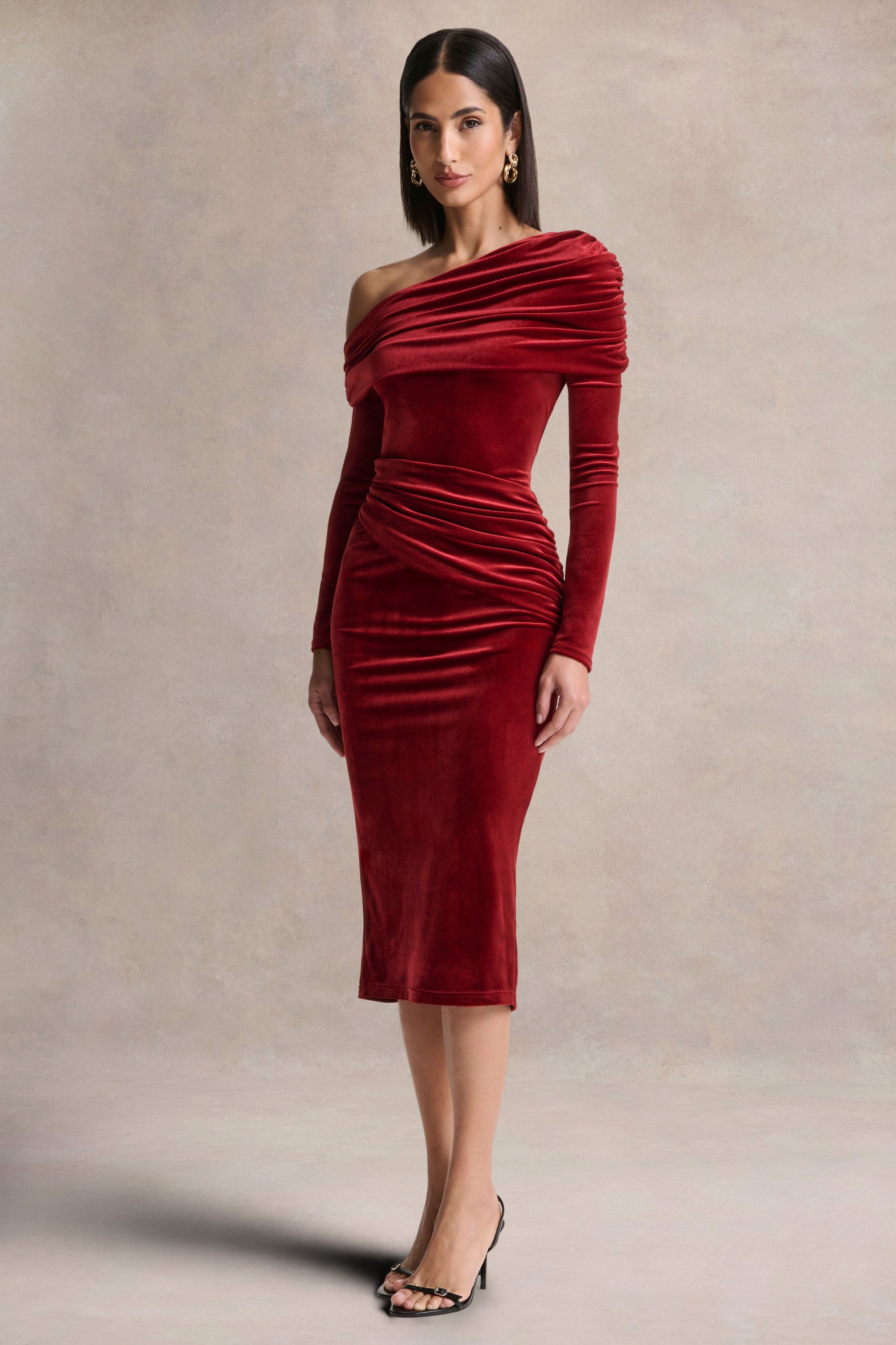 Eirene | Red Velvet Asymmetric-Neck Midi Dress