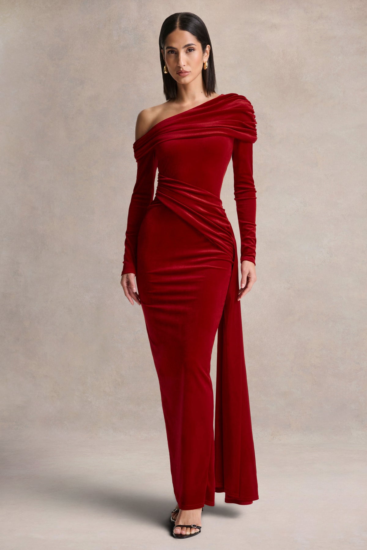Hadria Red Velvet Asymmetric-Neck Maxi Dress With Sash-Detail Club L London - USA Hadria Red Velvet Asymmetric-Neck Maxi Dress With Sash-Detail Club L London - USA