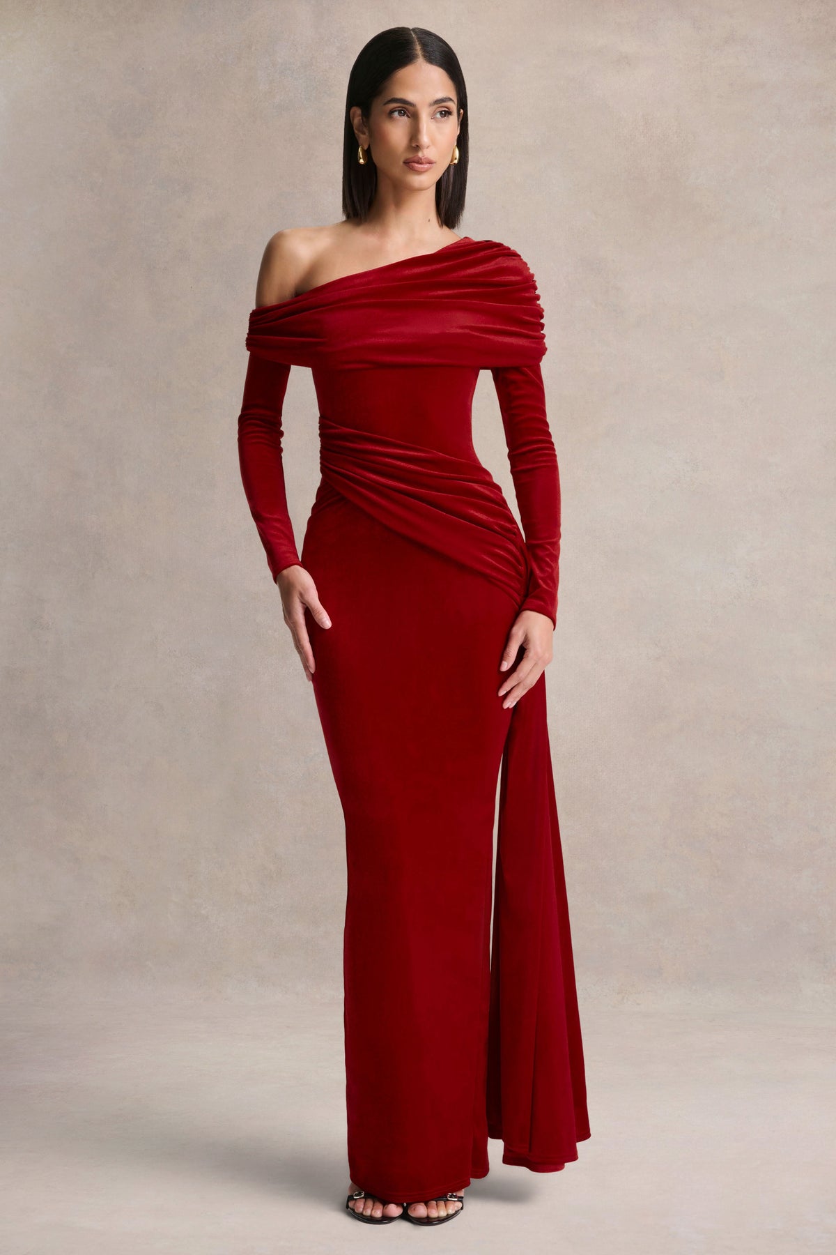 Hadria Red Velvet Asymmetric-Neck Maxi Dress With Sash-Detail – Club L London Hadria Red Velvet Asymmetric-Neck Maxi Dress With Sash-Detail – Club L London