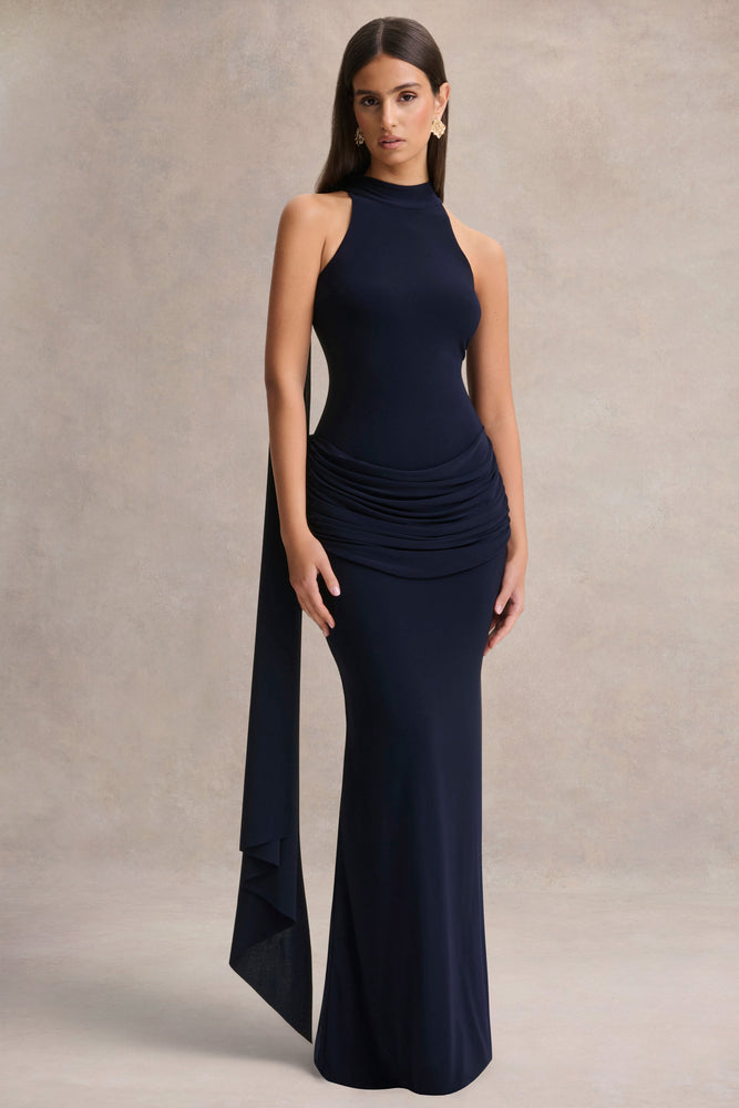 Hesperia Navy High-Neck Maxi Dress With Draped-Detailing And Scarf – Club L  London