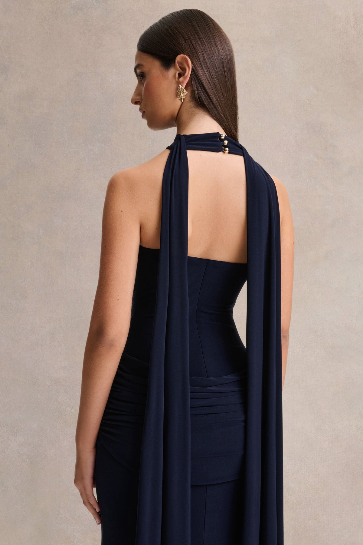 Hesperia Navy High-Neck Maxi Dress With Draped-Detailing And Scarf Club L London - USA Hesperia Navy High-Neck Maxi Dress With Draped-Detailing And Scarf Club L London - USA