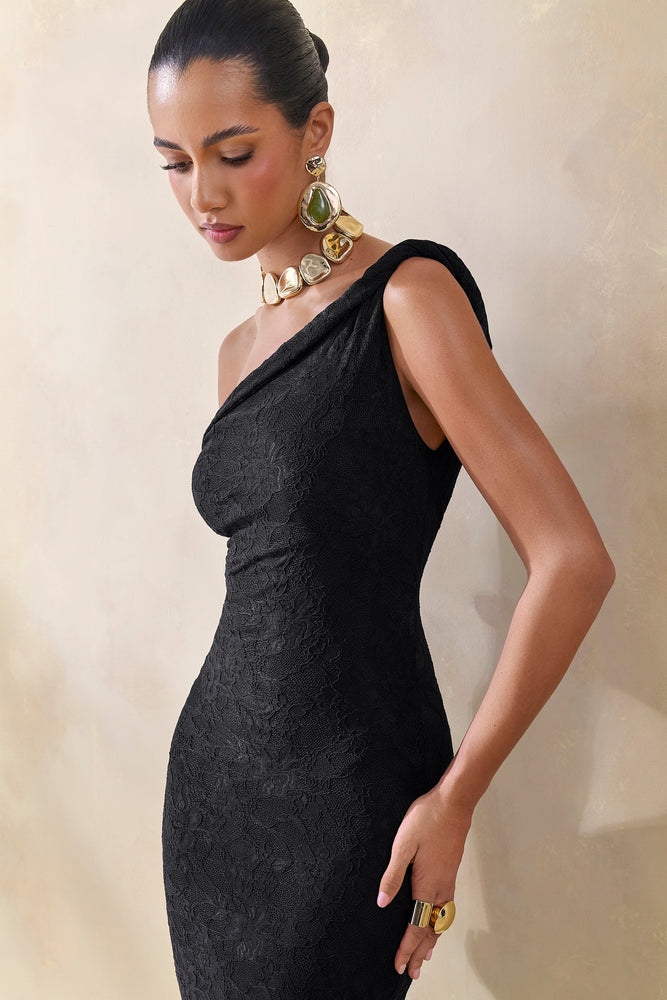 Afina | Black Lace Asymmetric-Neck Maxi Dress - UK 6 Black Afina | Black Lace Asymmetric-Neck Maxi Dress - UK 6 Black