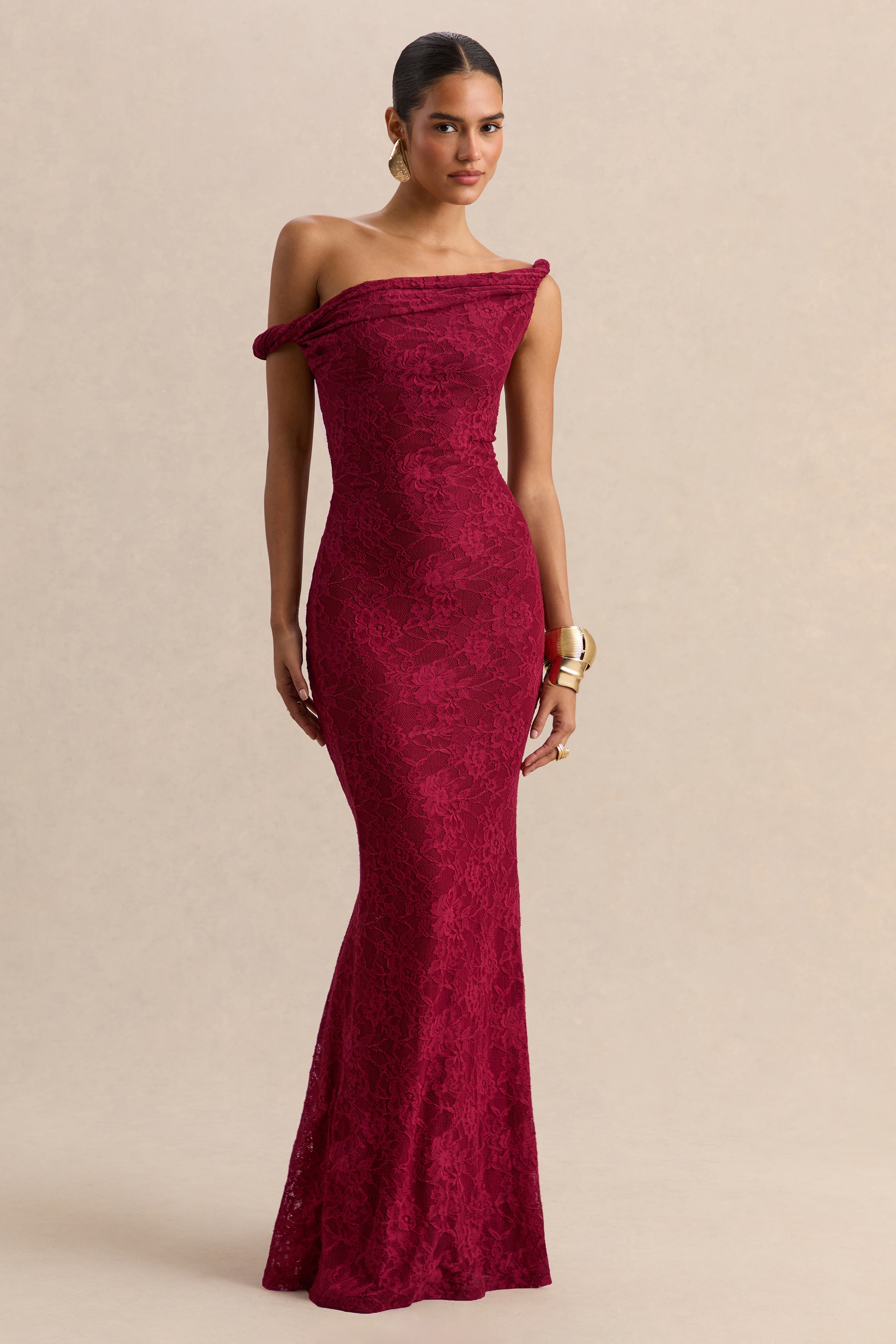 アポリナ　Apolina NOLA DRESS Afina | Burgundy Lace Asymmetric-Neck Maxi Dress – Club L London - USA