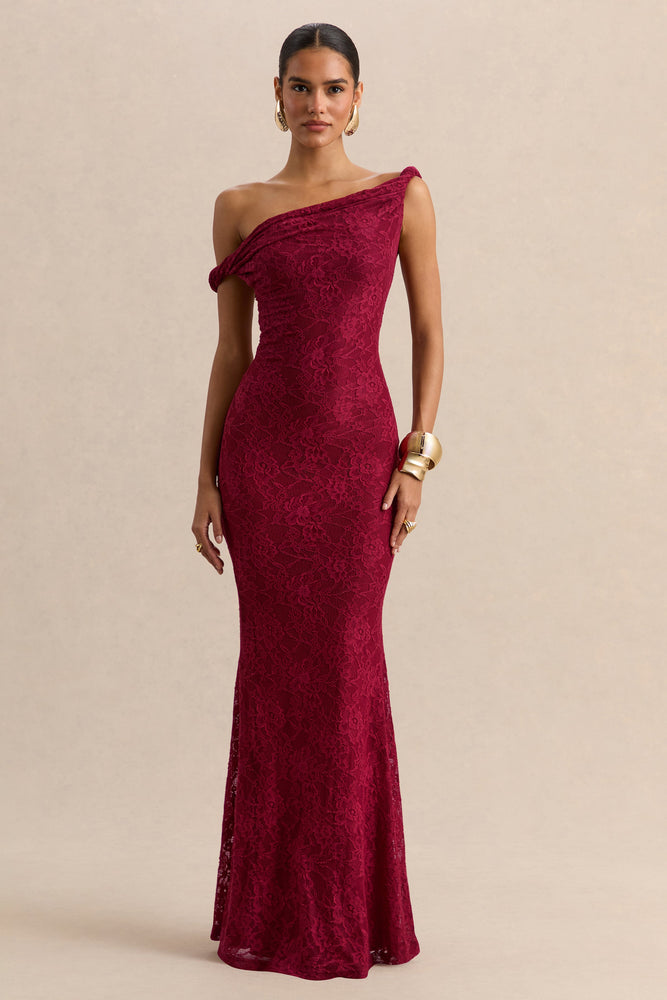 Afina | Burgundy Lace Asymmetric-Neck Maxi Dress - UK 8 Burgundy Afina | Burgundy Lace Asymmetric-Neck Maxi Dress - UK 8 Burgundy